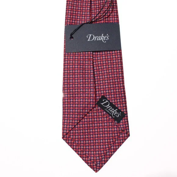 Drake's NWT Neck Tie in Red with Blue & White Geometric Pattern 100% Silk